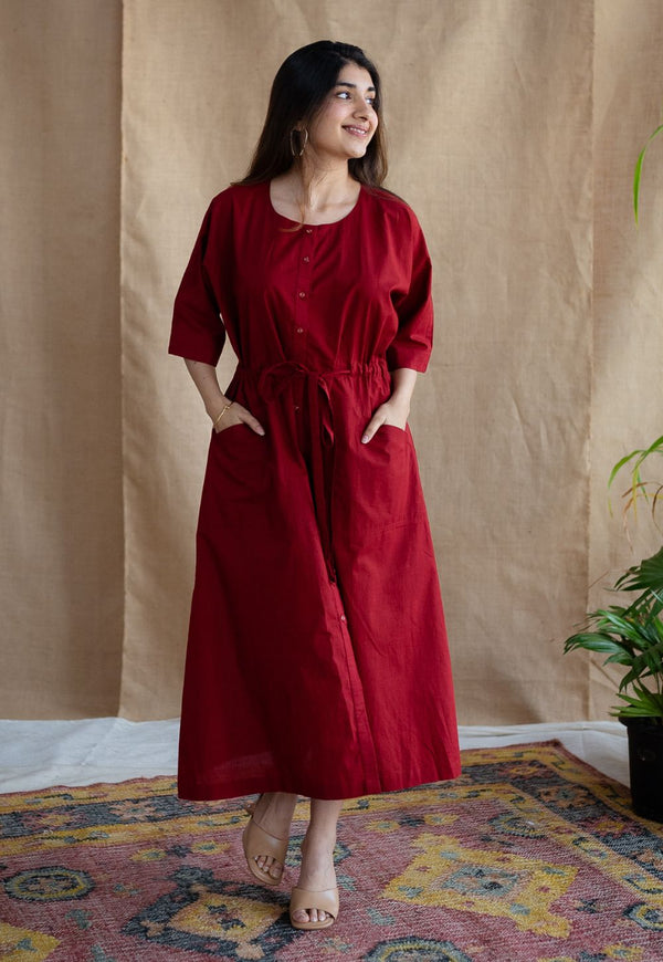 Deepti Maroon Solid Cotton Loose Dress