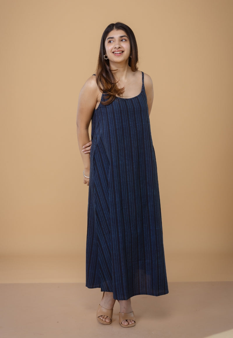 Viaana Blue Ajrakh Cotton A Line Dress