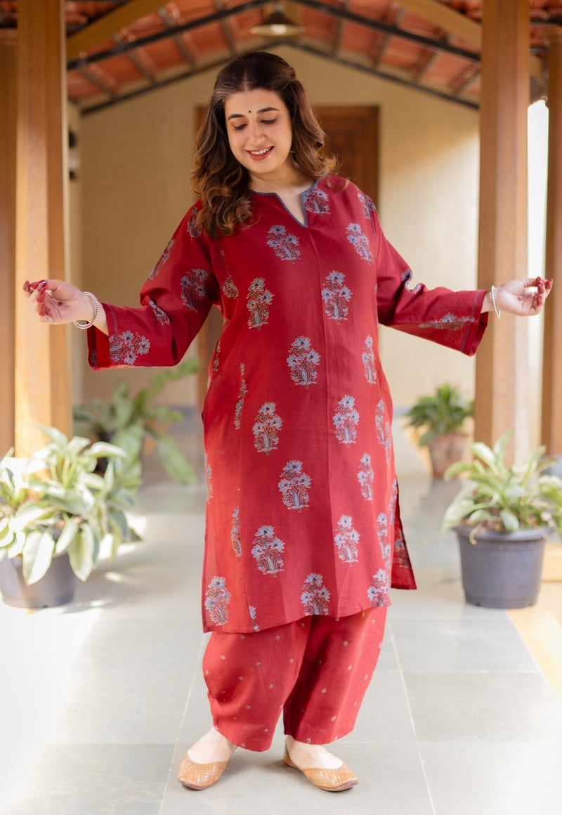 Hitanshi Madder Ajrakh Chanderi Silk A Line Kurta with Hand Embroidery