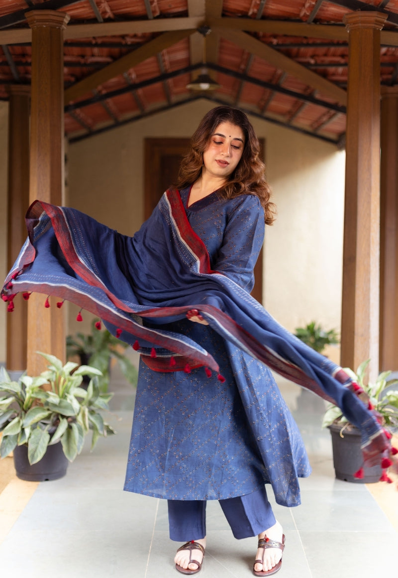 Dark Indigo Ajrakh Chanderi Silk Dupatta with Embroidery