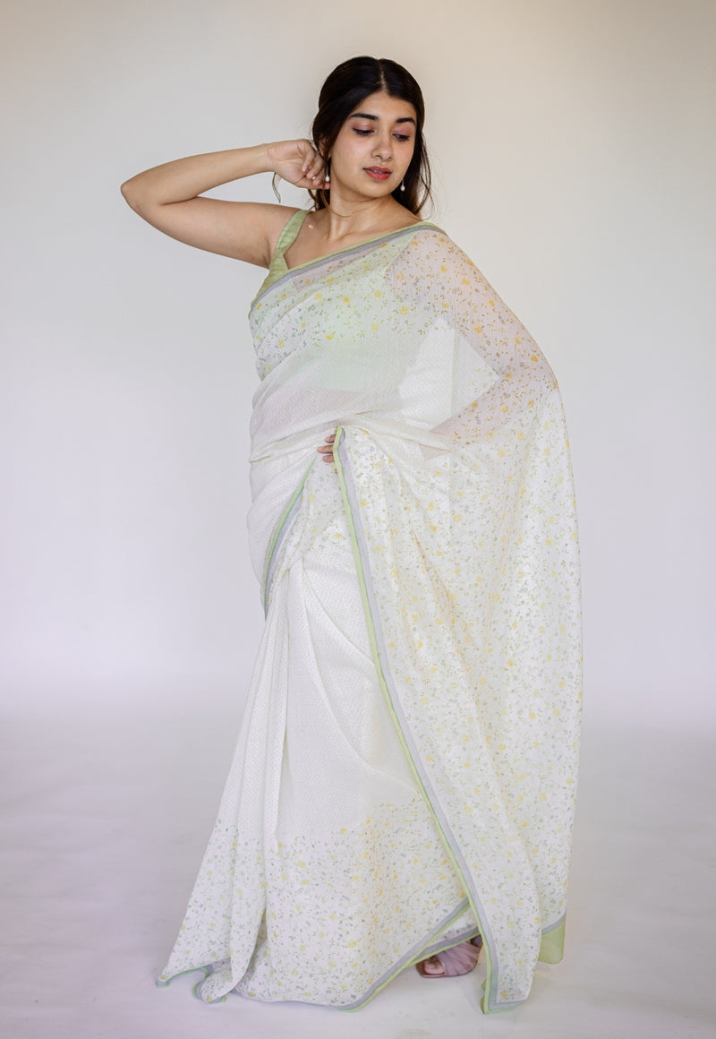 White Sanganeri Hand Block Print Chanderi Silk Saree