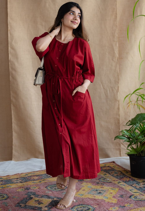 Deepti Maroon Solid Cotton Loose Dress