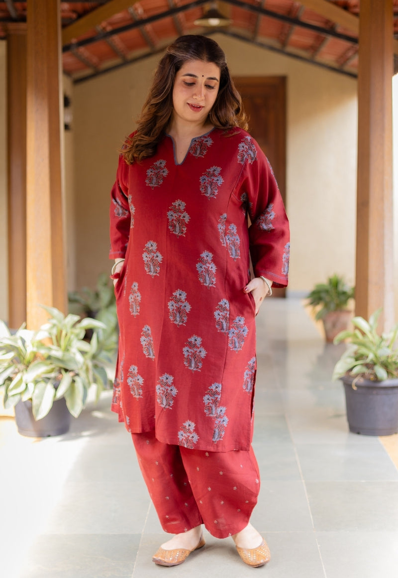 Hitanshi Madder Ajrakh Chanderi Silk A Line Kurta with Hand Embroidery