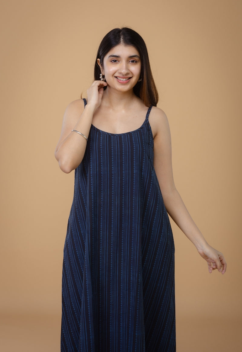 Viaana Blue Ajrakh Cotton A Line Dress