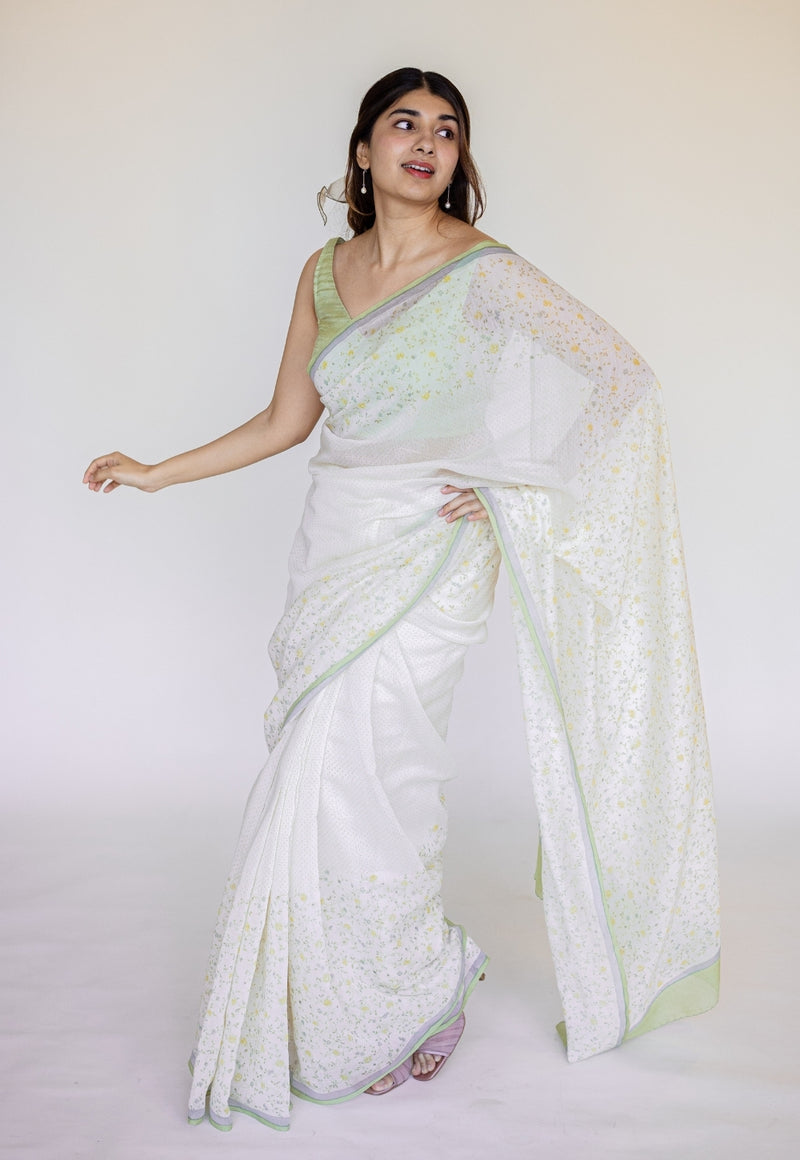 White Sanganeri Hand Block Print Chanderi Silk Saree