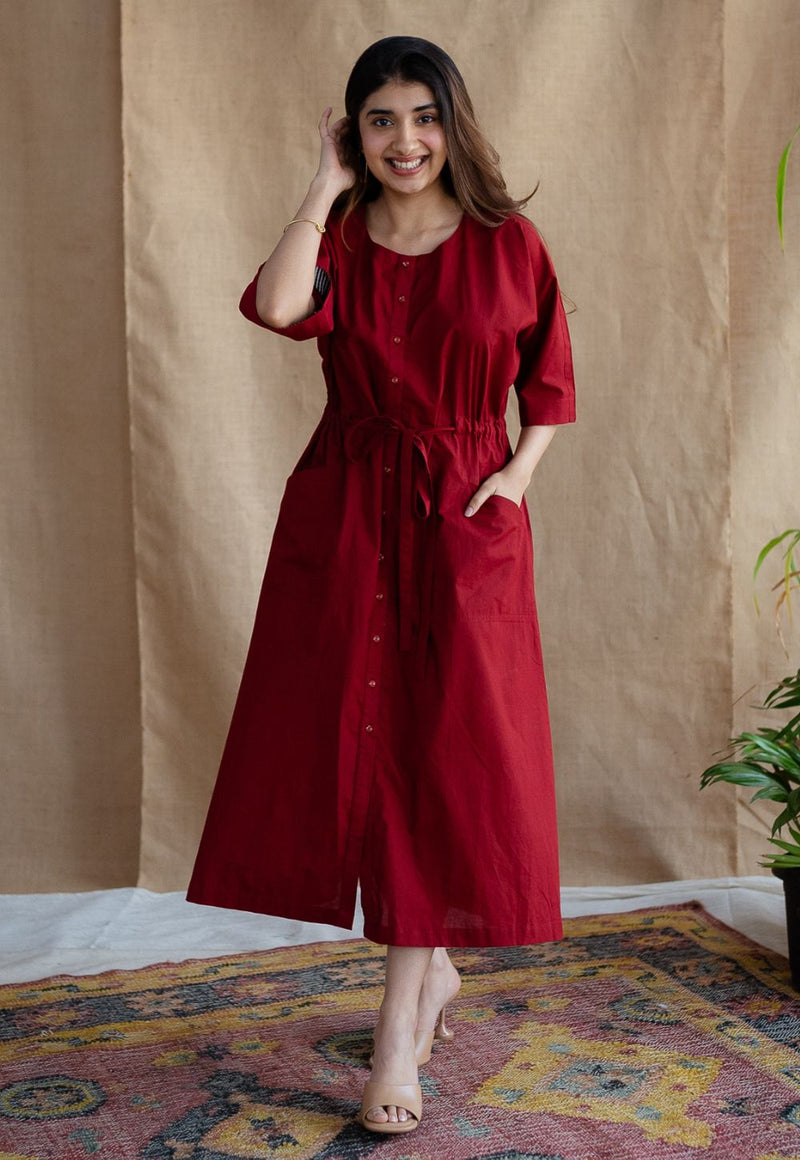 Deepti Maroon Solid Cotton Loose Dress