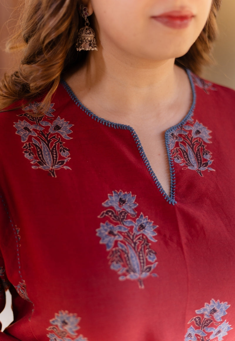 Hitanshi Madder Ajrakh Chanderi Silk A Line Kurta with Hand Embroidery