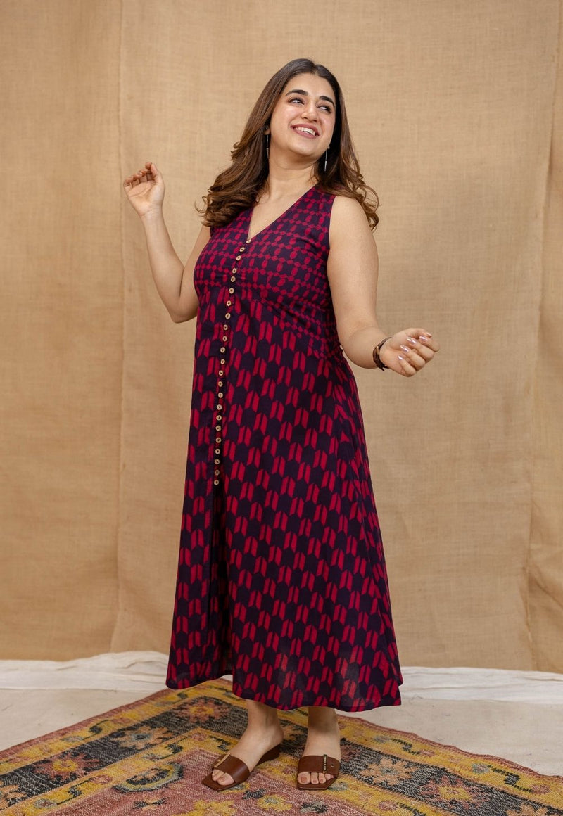 Dania Wine Dabu Cotton A Line Dress