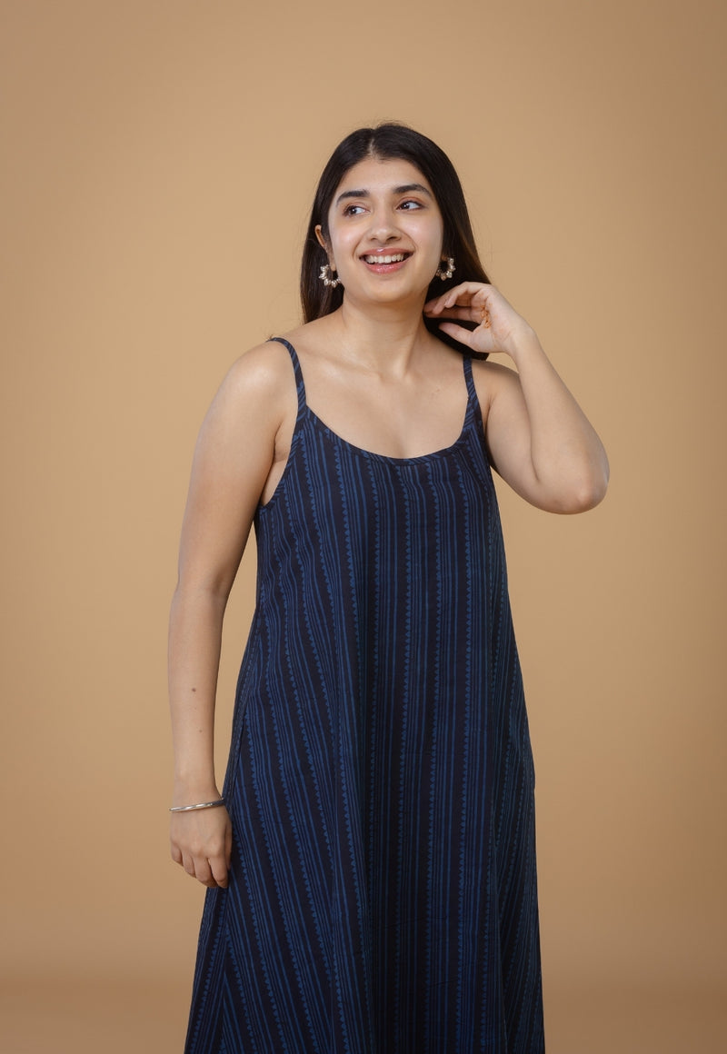 Viaana Blue Ajrakh Cotton A Line Dress