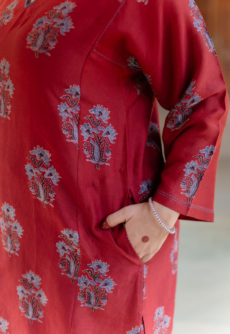 Hitanshi Madder Ajrakh Chanderi Silk A Line Kurta with Hand Embroidery