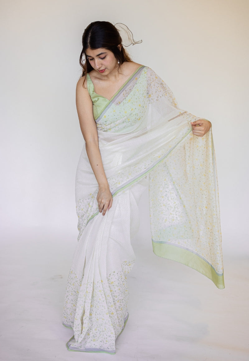 White Sanganeri Hand Block Print Chanderi Silk Saree