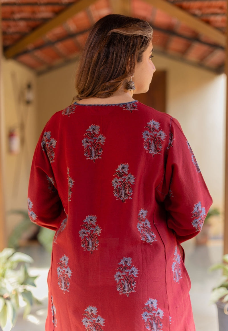 Hitanshi Madder Ajrakh Chanderi Silk A Line Kurta with Hand Embroidery