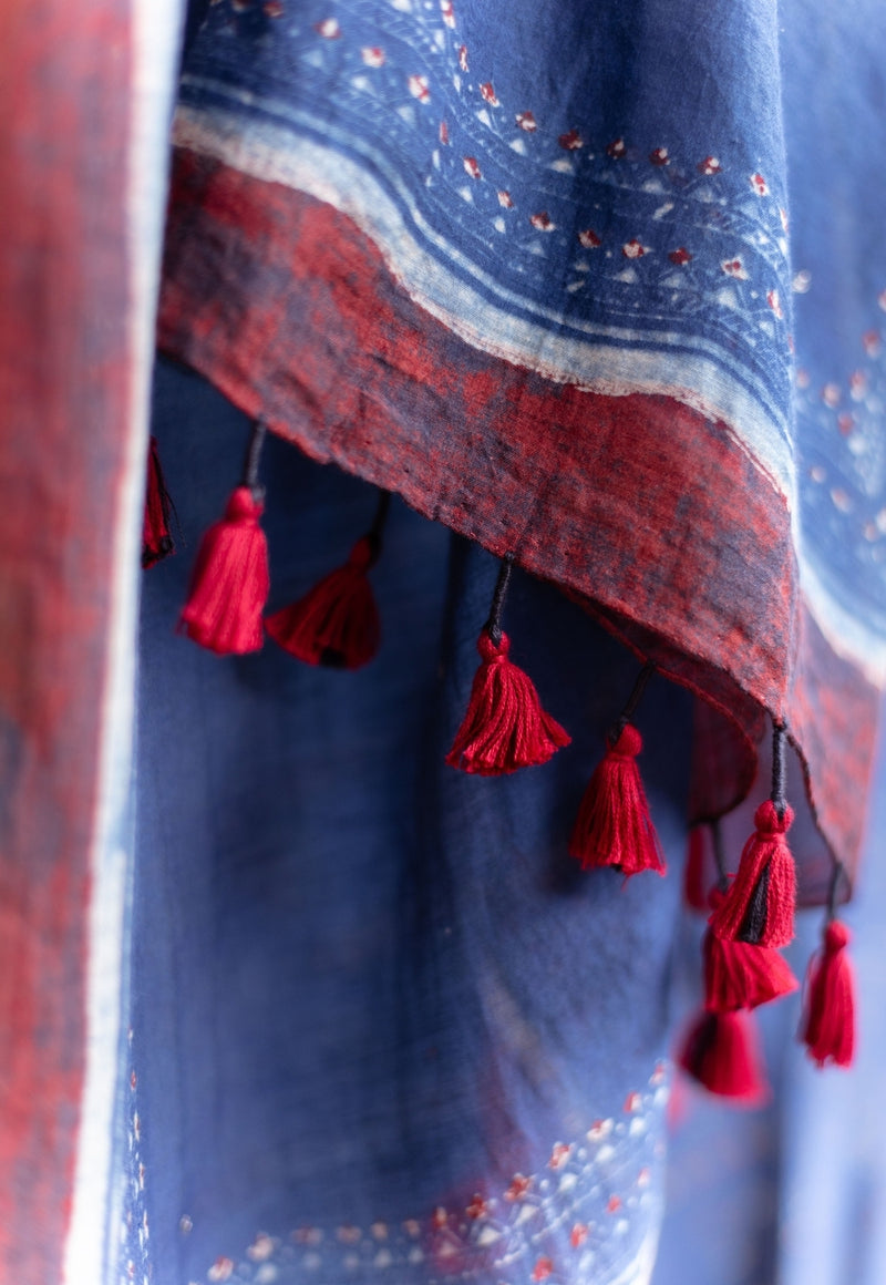 Dark Indigo Ajrakh Chanderi Silk Dupatta with Embroidery