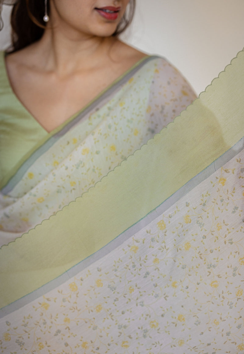 White Sanganeri Hand Block Print Chanderi Silk Saree