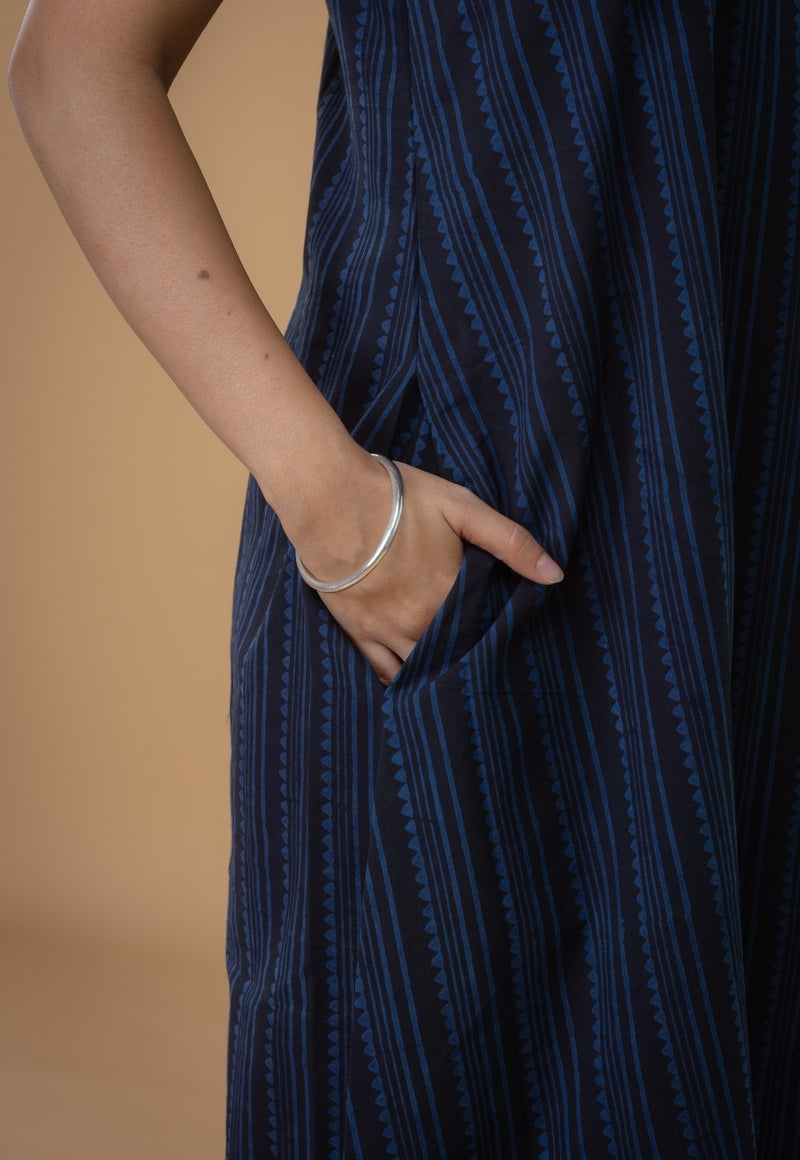 Viaana Blue Ajrakh Cotton A Line Dress