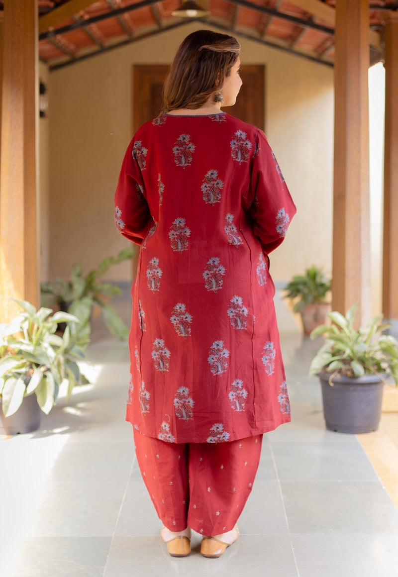 Hitanshi Madder Ajrakh Chanderi Silk A Line Kurta with Hand Embroidery