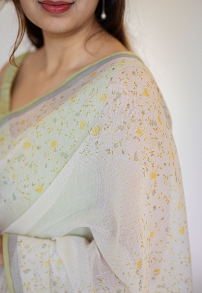 White Sanganeri Hand Block Print Chanderi Silk Saree