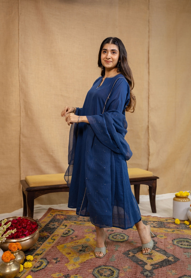 Ekisha Mulmul Cotton Navy Blue Jhabba Kali Kurta Set (Set of 3)