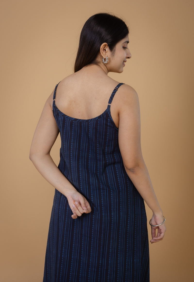 Viaana Blue Ajrakh Cotton A Line Dress