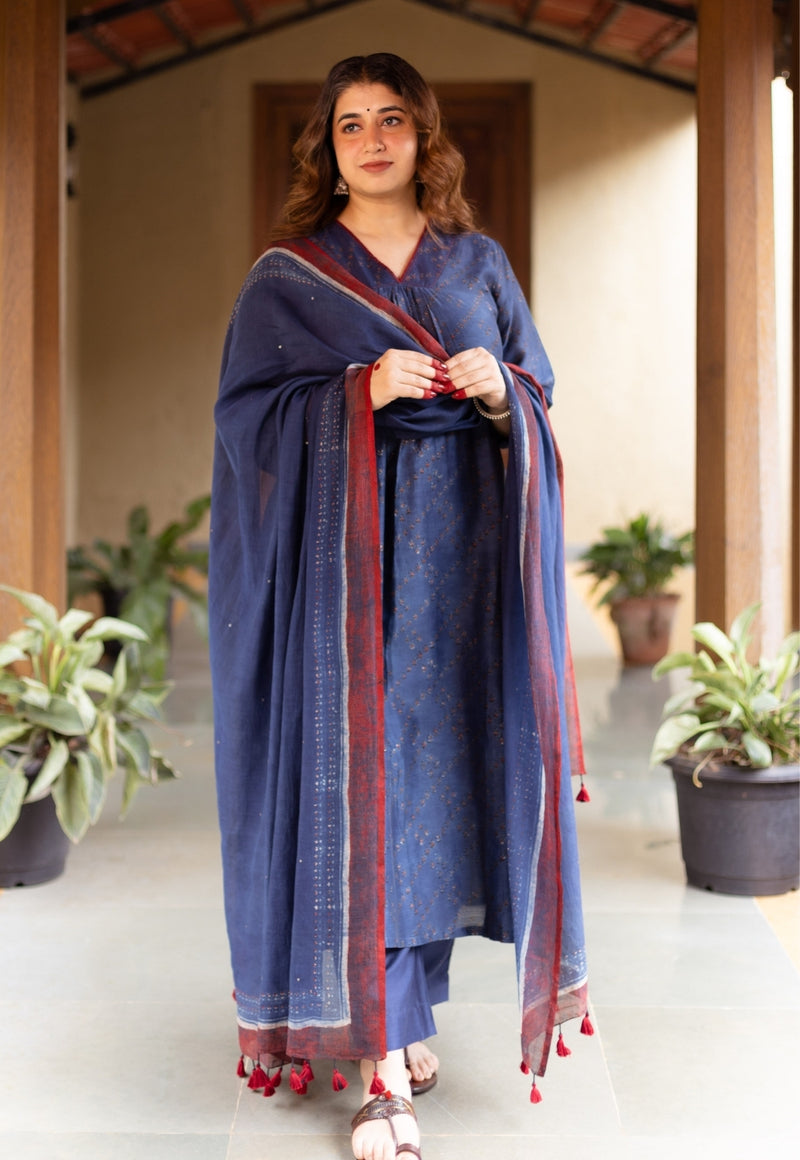 Liyana Dark Indigo Ajrakh Chanderi Silk A Line Kurta with Hand Embroidery