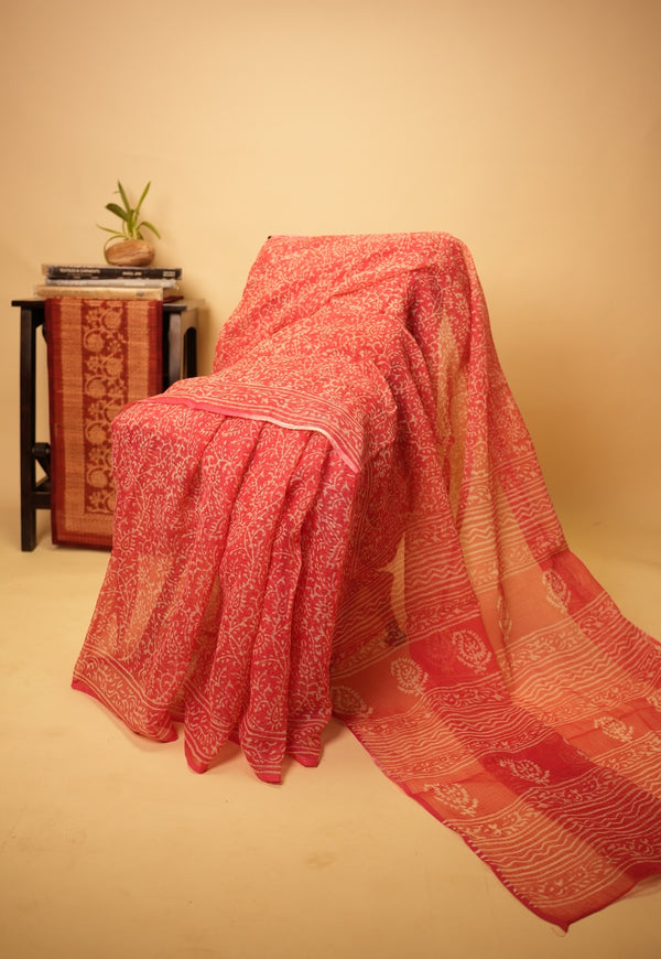 Pink Floral Jaal Dabu Hand Block Print Kota Doria Saree