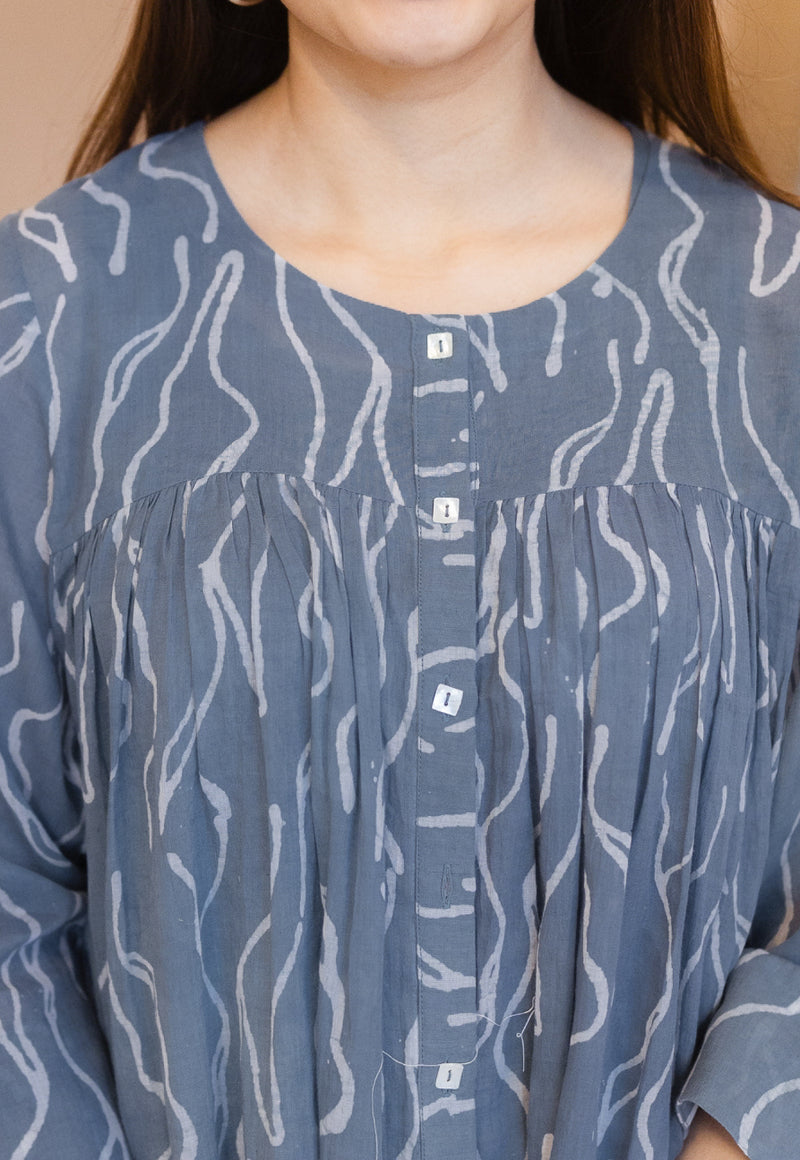 Nimra Blue Batik MulMul A Line Kurta with Slip