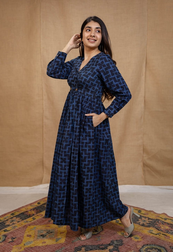 Kimaya Indigo Ajrakh Cotton A Line Dress