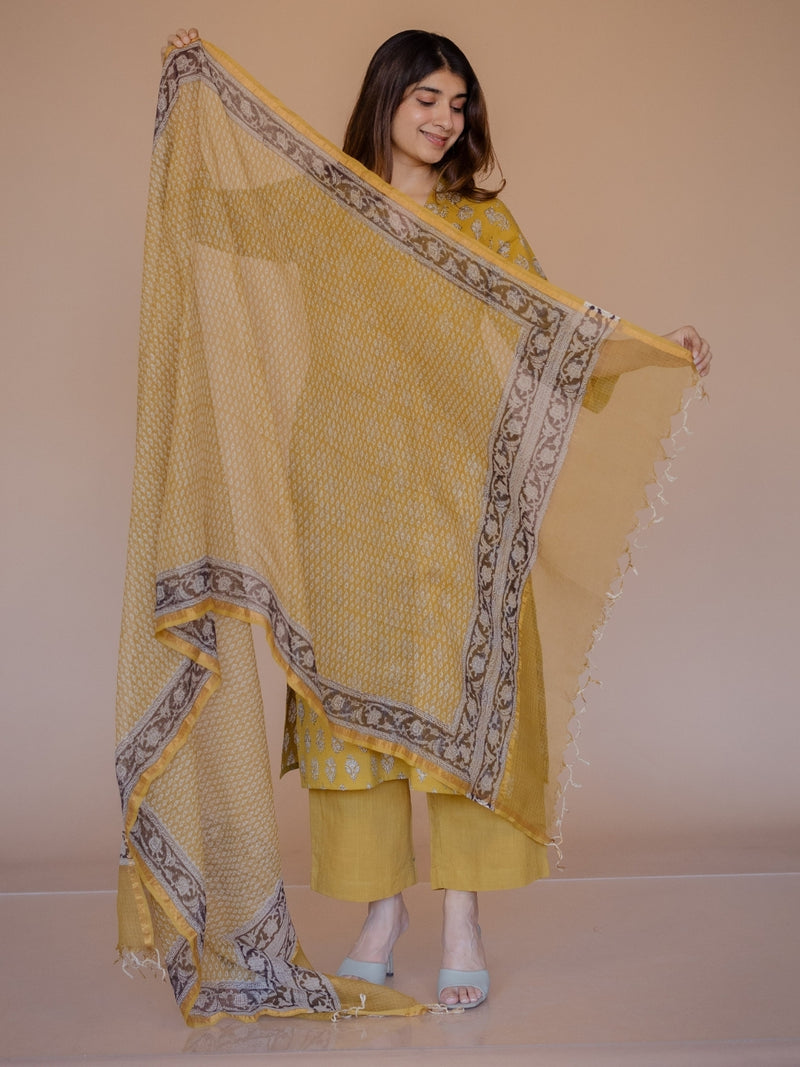 Yellow Butti Bagru Kota Doria Cotton Dupatta