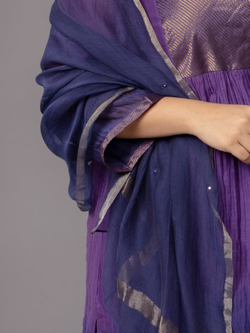 Navy Blue Solid Zari Silk Net Dupatta with Hand Embroidery