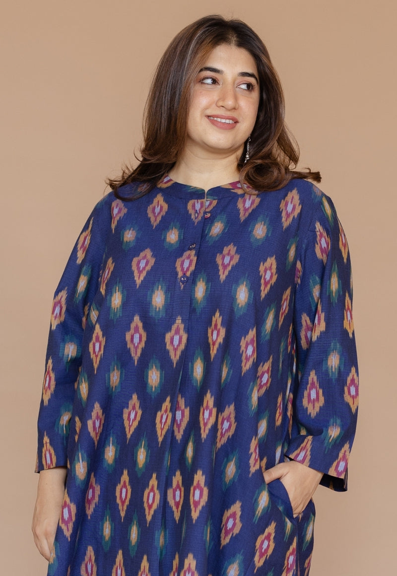 Ayaat Blue Handloom Ikkat Cotton Straight Kurta