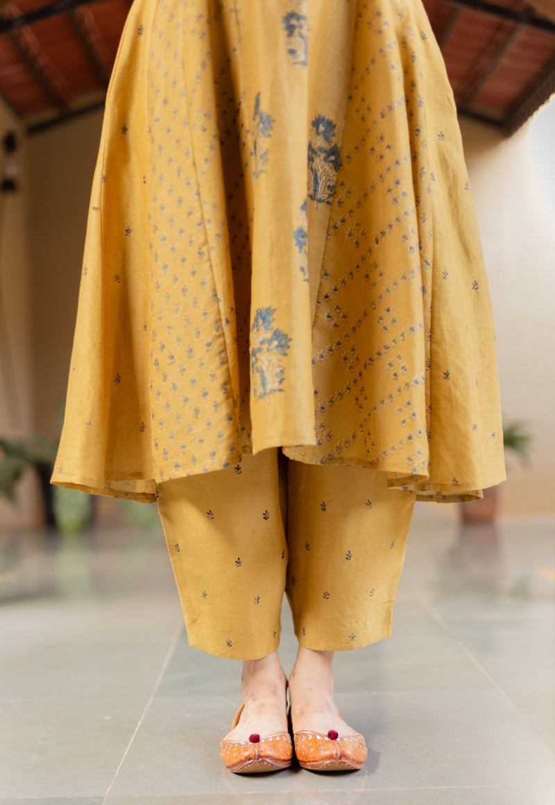 Sonia Mustard Ajrakh Chanderi Silk Kali Kurta with Hand Embroidery