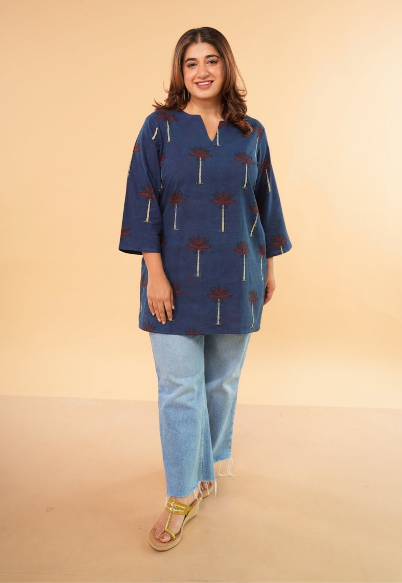 Mishel Blue Ajrakh Cotton Straight Short Top