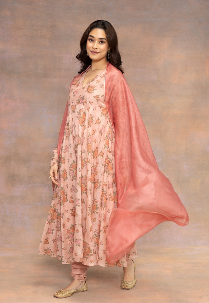 Rozhira Pink Sanganeri Chanderi Silk A Line Kurta with Hand Embroidery
