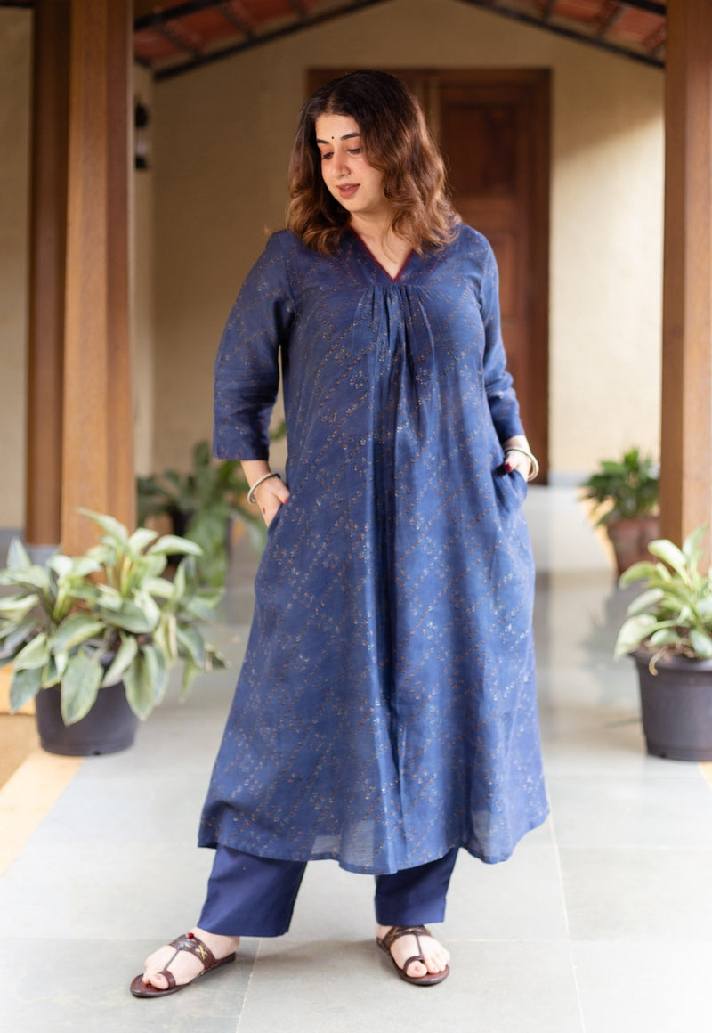 Liyana Dark Indigo Ajrakh Chanderi Silk A Line Kurta with Hand Embroidery