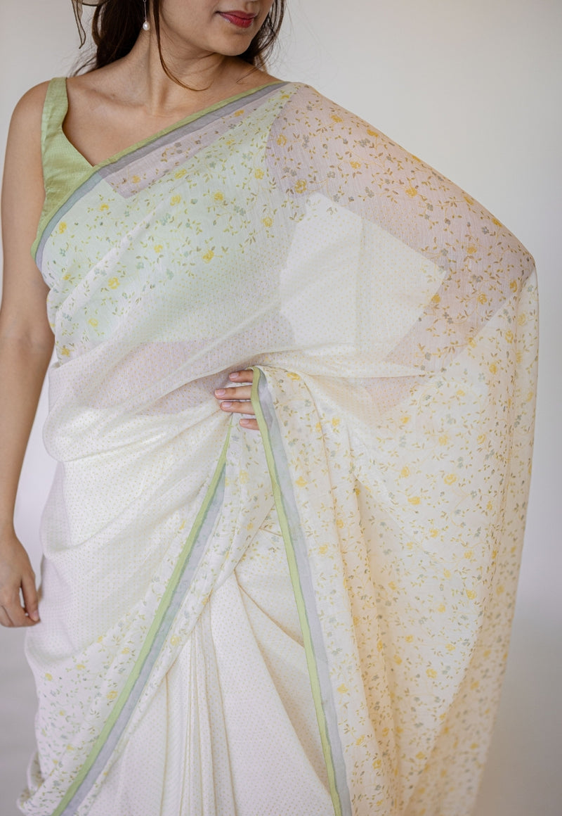 White Sanganeri Hand Block Print Chanderi Silk Saree