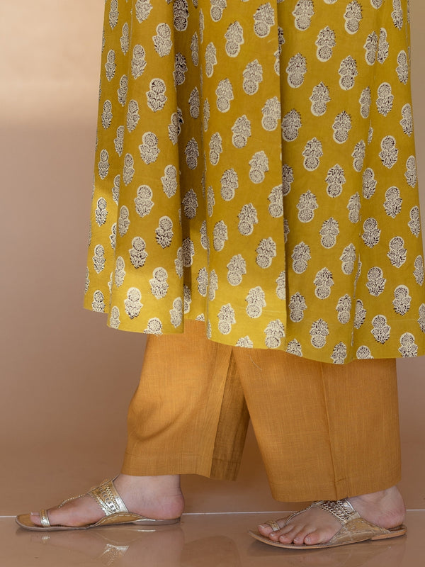Yashi Yellow Solid Slub Cotton Straight Pant