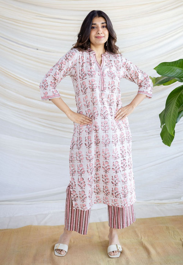 Yanha Pink Batik Cotton Straight Kurta