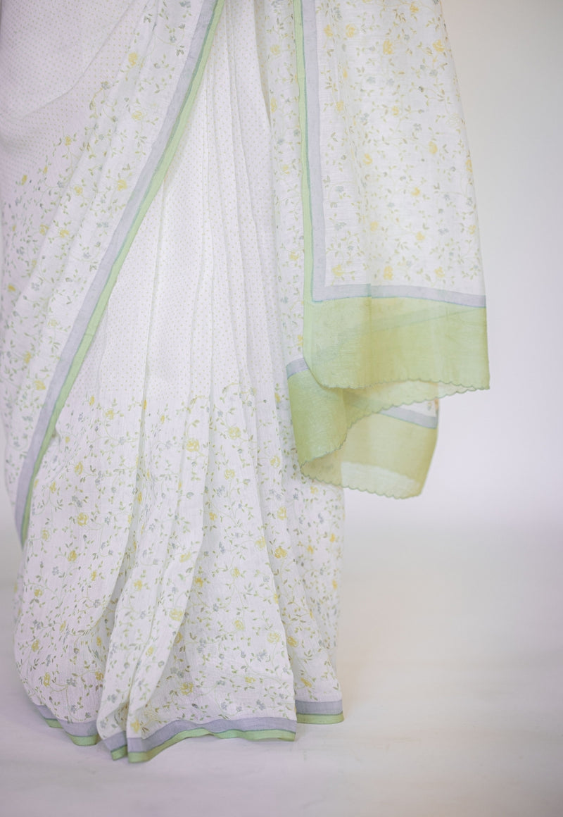 White Sanganeri Hand Block Print Chanderi Silk Saree