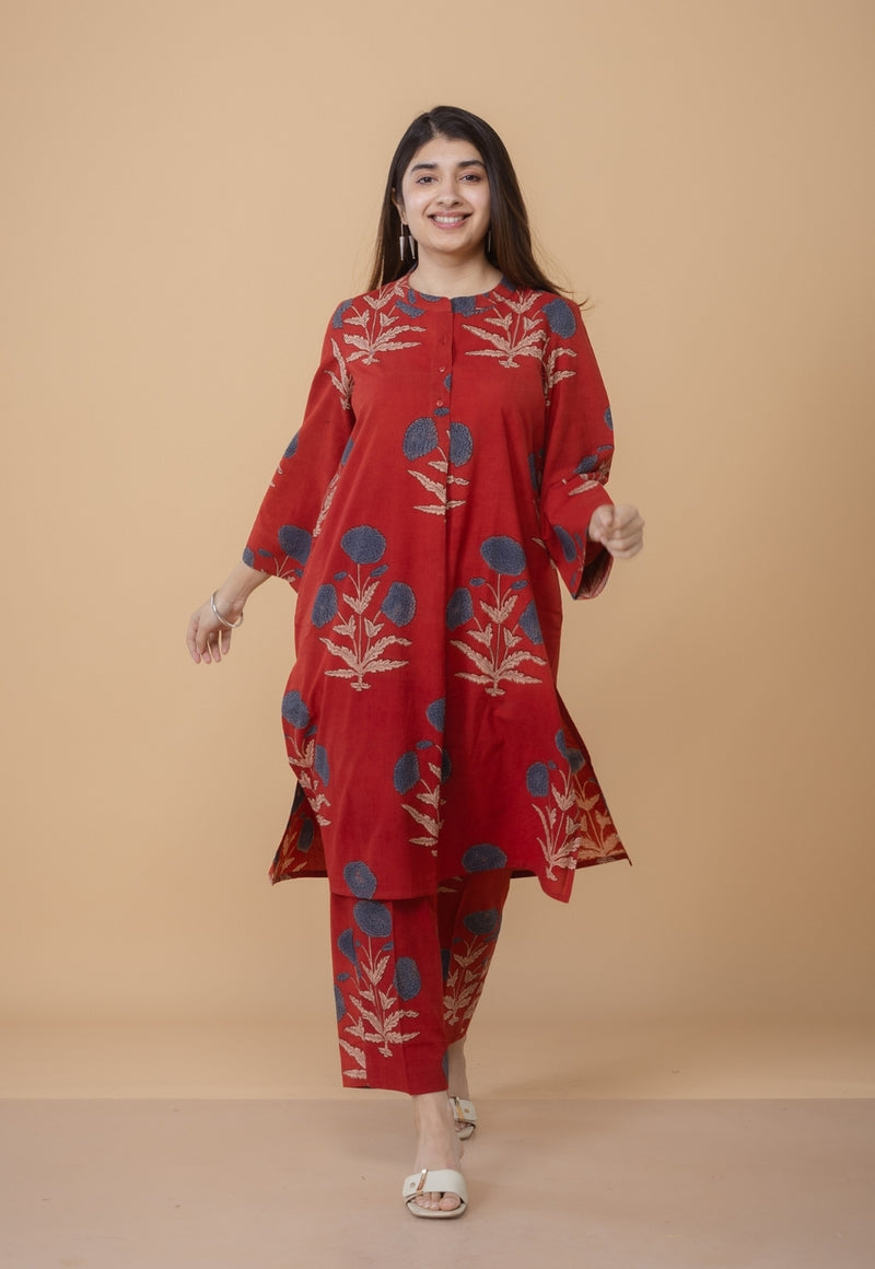 Sofia Red Ajrakh Cotton Straight Co-Ord Set