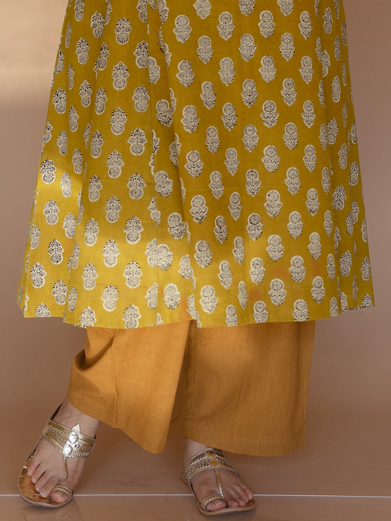 Yashi Yellow Solid Slub Cotton Straight Pant