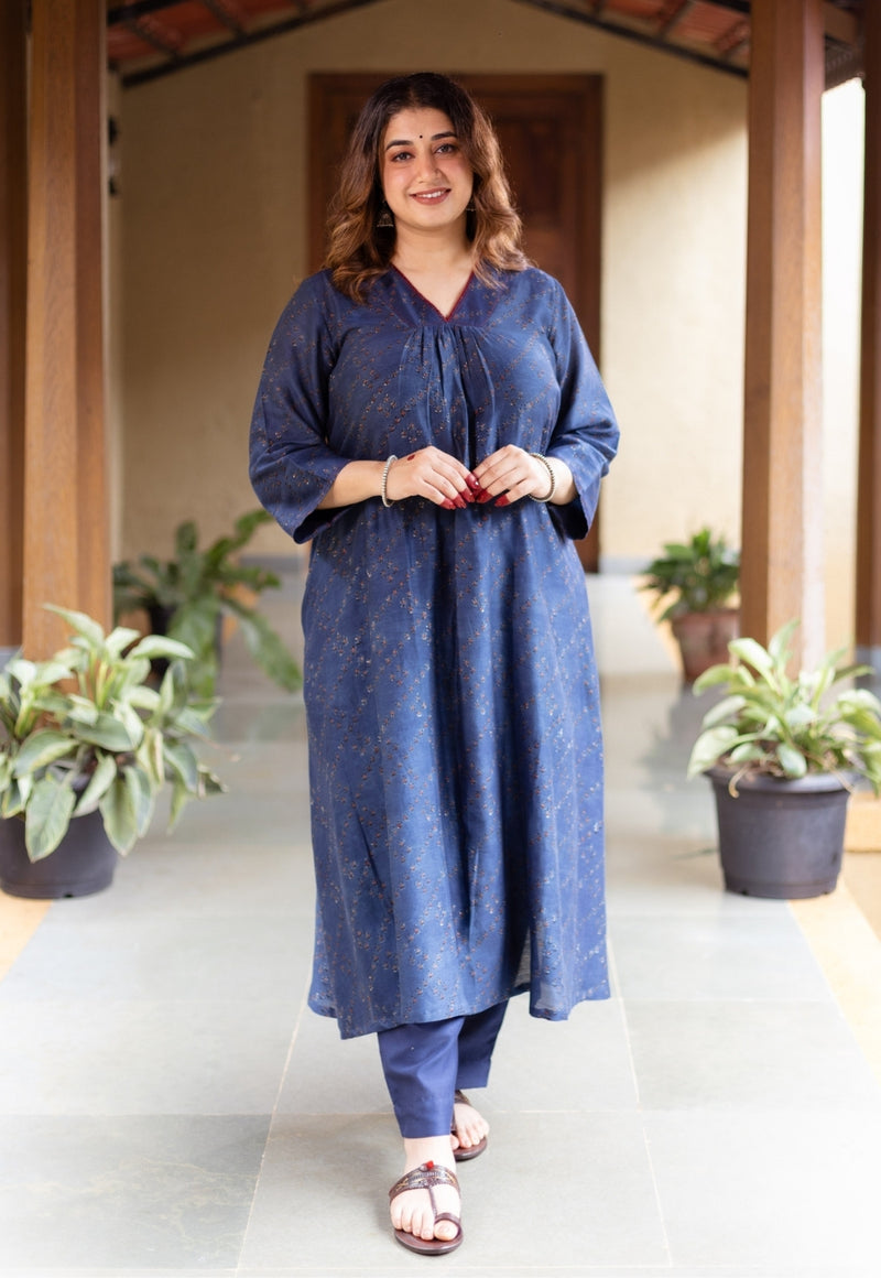 Liyana Dark Indigo Ajrakh Chanderi Silk A Line Kurta with Hand Embroidery