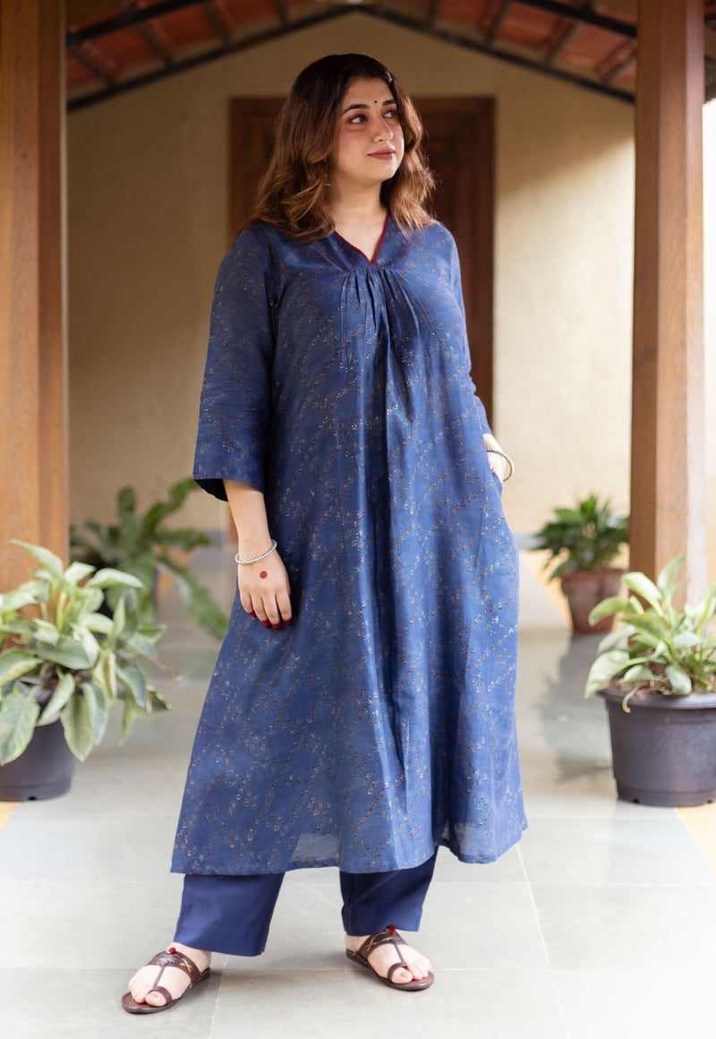 Liyana Dark Indigo Ajrakh Chanderi Silk A Line Kurta with Hand Embroidery