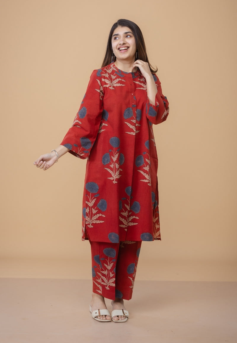 Sofia Red Ajrakh Cotton Straight Co-Ord Set