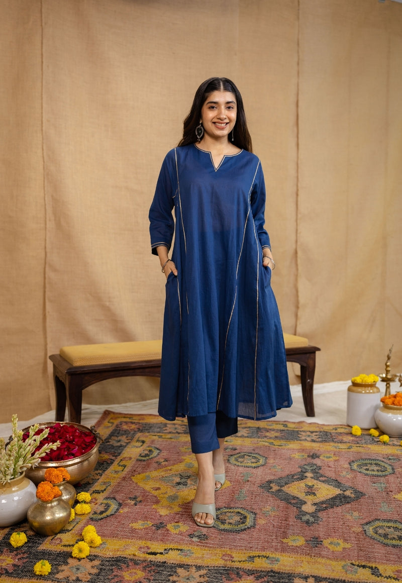 Ekisha Mulmul Cotton Navy Blue Jhabba Kali Kurta Set (Set of 3)