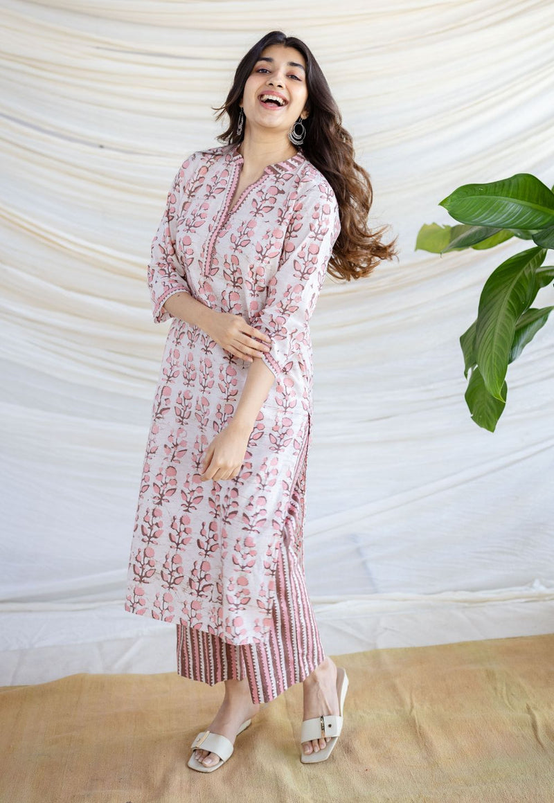 Yanha Pink Batik Cotton Straight Kurta