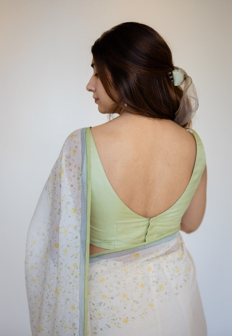 White Sanganeri Hand Block Print Chanderi Silk Saree