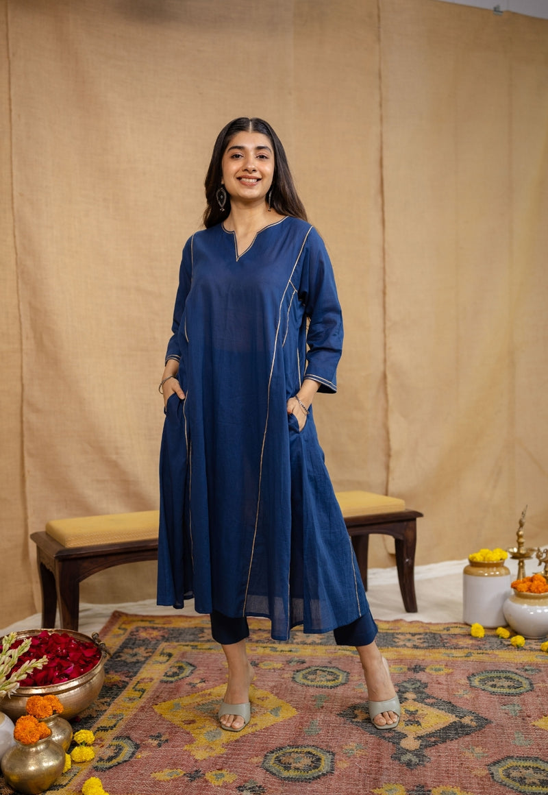 Ekisha Mulmul Cotton Navy Blue Jhabba Kali Kurta Set (Set of 3)