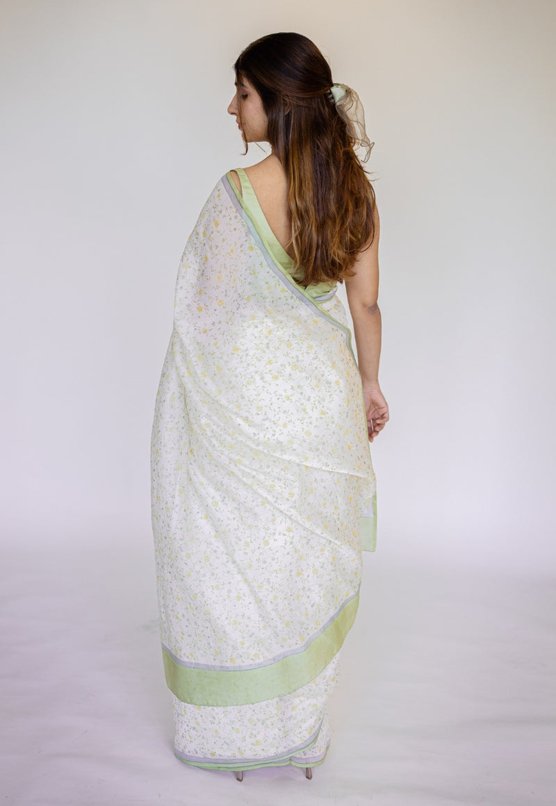 White Sanganeri Hand Block Print Chanderi Silk Saree