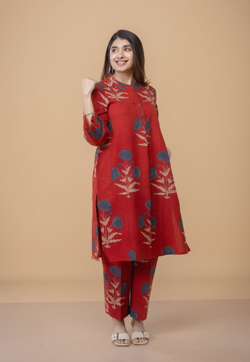 Sofia Red Ajrakh Cotton Straight Co-Ord Set