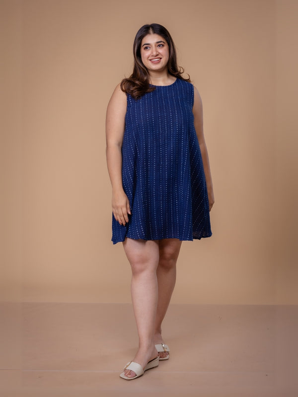 Inam Blue Dabu Slub Cotton A Line Dress